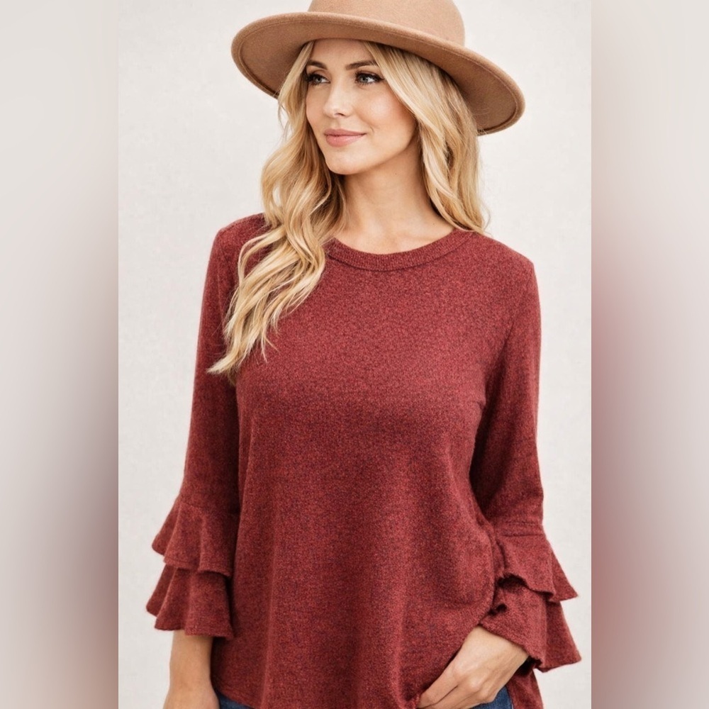 JODIFL Burgundy Ruffle Bell Sleeve Knit Top Size S